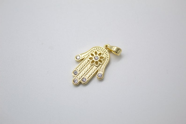 Dainty 18K gold-filled Hamsa hand pendant charm featuring intricate metallic details and rhodium accents — view 2