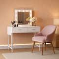 Compact white 32-inch vanity desk with two fabric storage drawers and a side organizational pouch