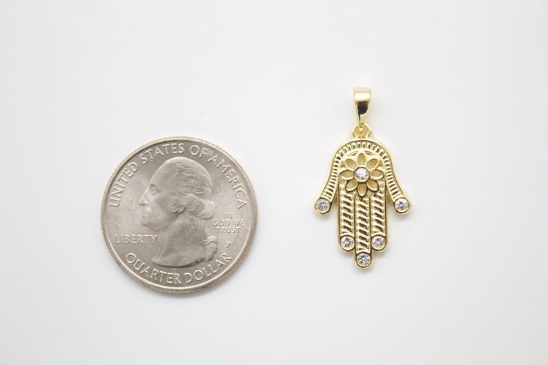 Dainty 18K gold-filled Hamsa hand pendant charm featuring intricate metallic details and rhodium accents — view 3