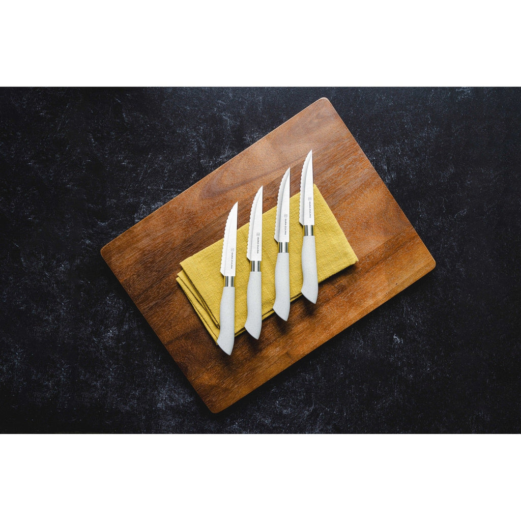 EcoCut 4-piece steak knife set with grey ergonomic handles and micro-serrated high-carbon German steel blades. — view 2