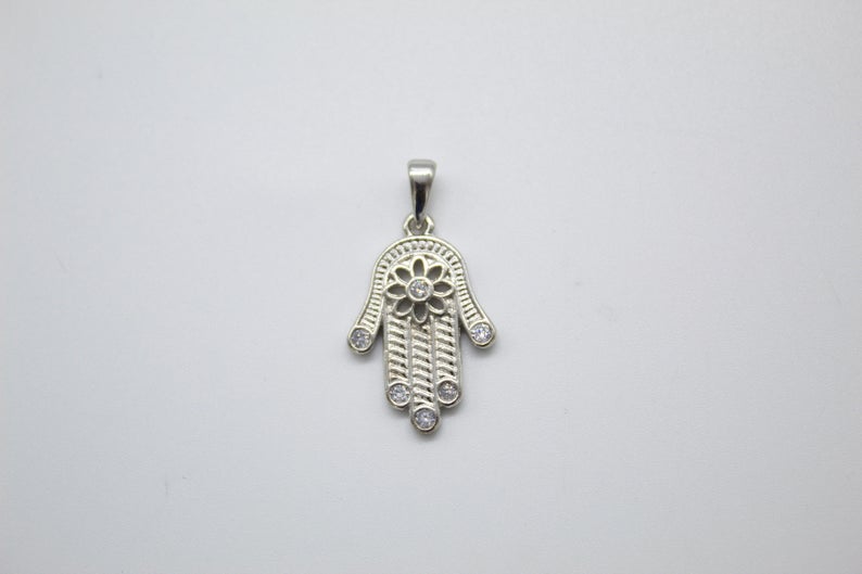 Dainty 18K gold-filled Hamsa hand pendant charm featuring intricate metallic details and rhodium accents — view 4