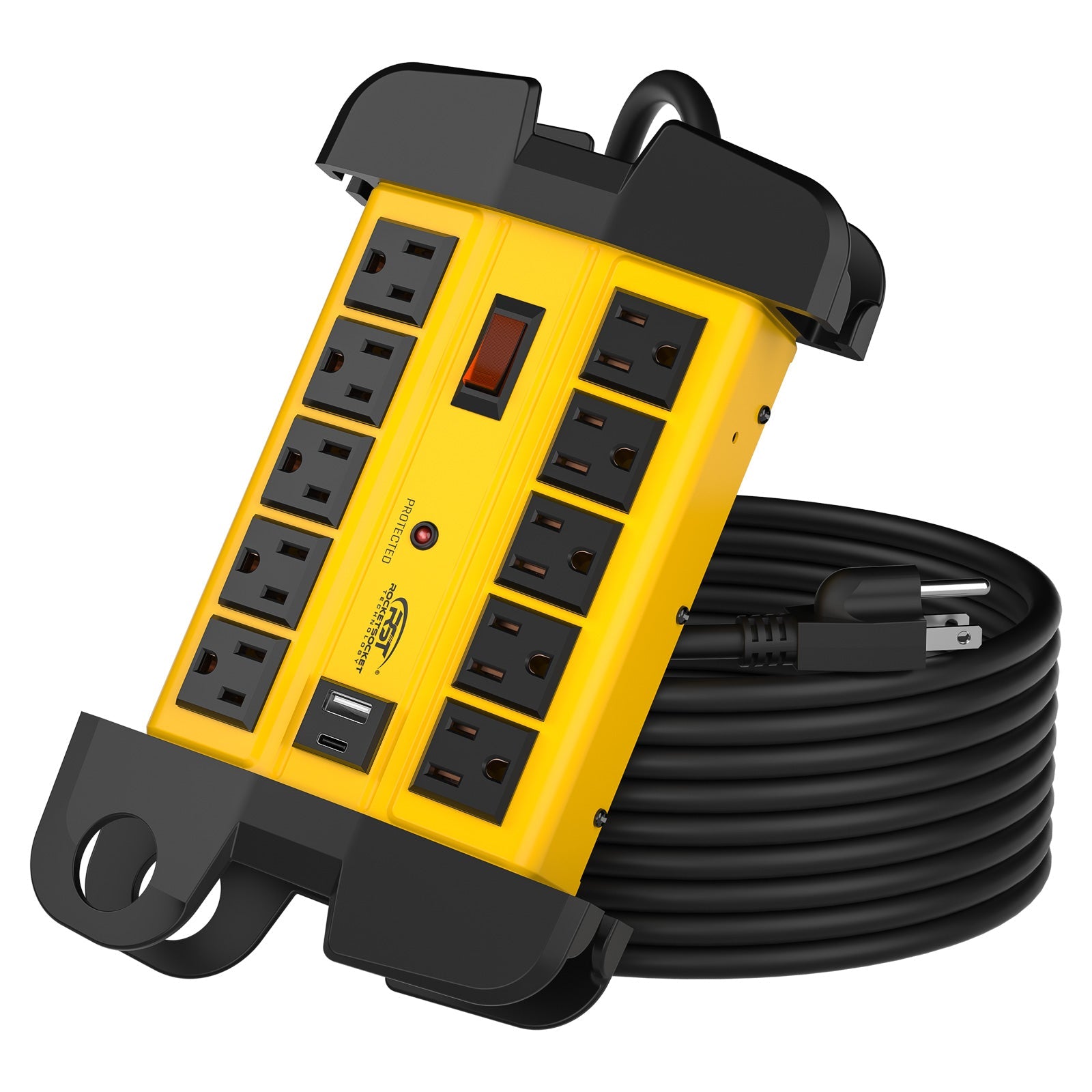 Heavy-duty 10-outlet metal power strip with USB ports cord wrap end caps and mounting holes