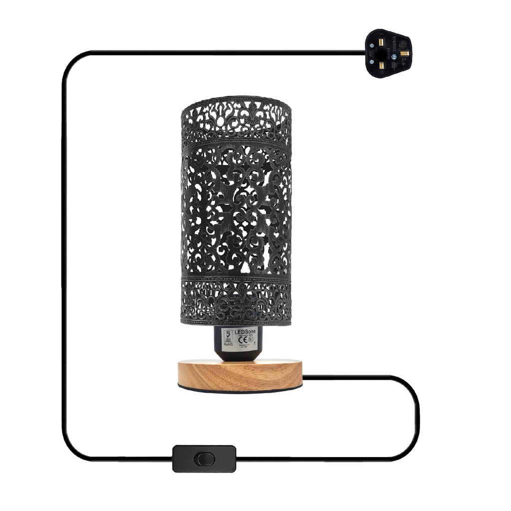 Industrial bedside table lamp with black metal wire cage shade and a natural wood base — view 5