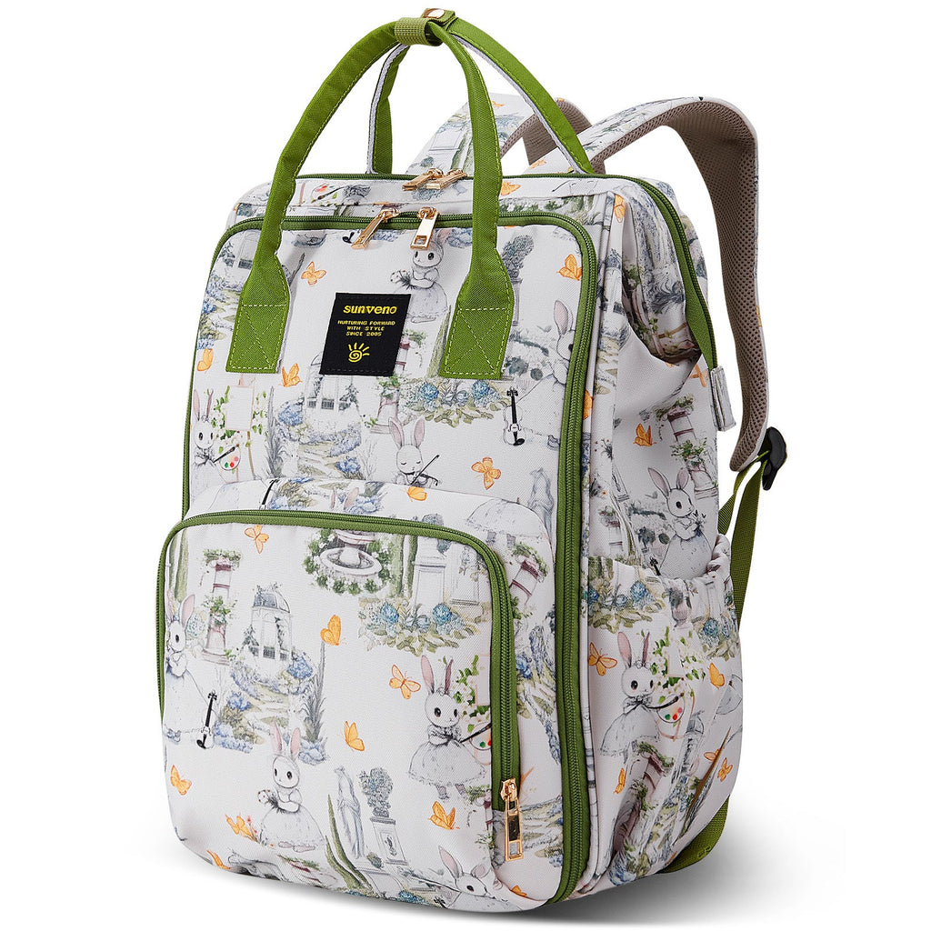 Wide open frame diaper bag backpack made of water-resistant oxford cloth with padded straps