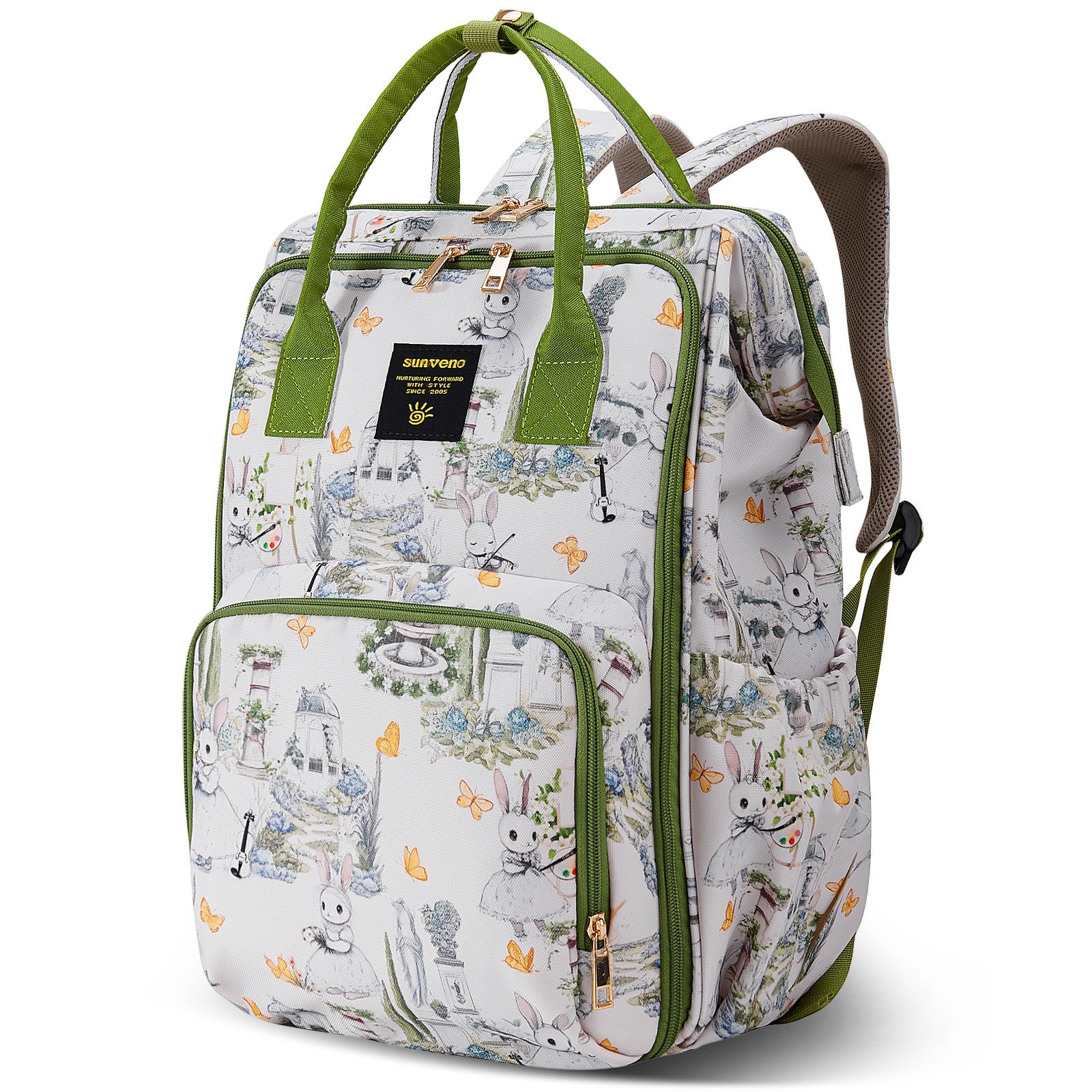 Wide open frame diaper bag backpack made of water-resistant oxford cloth with padded straps