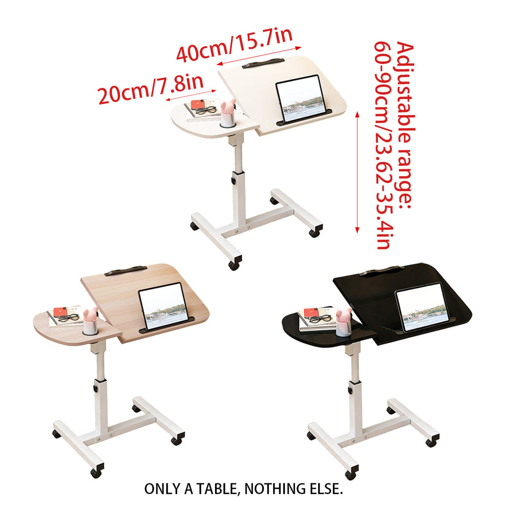 Portable adjustable height rolling laptop desk with tilted wood grain tabletop metal frame and caster wheels — view 3