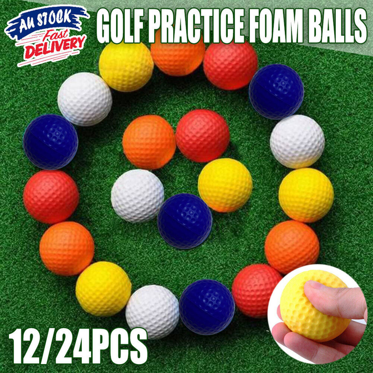 12 pack of polyurethane foam golf practice balls in mixed bright colors for indoor training.