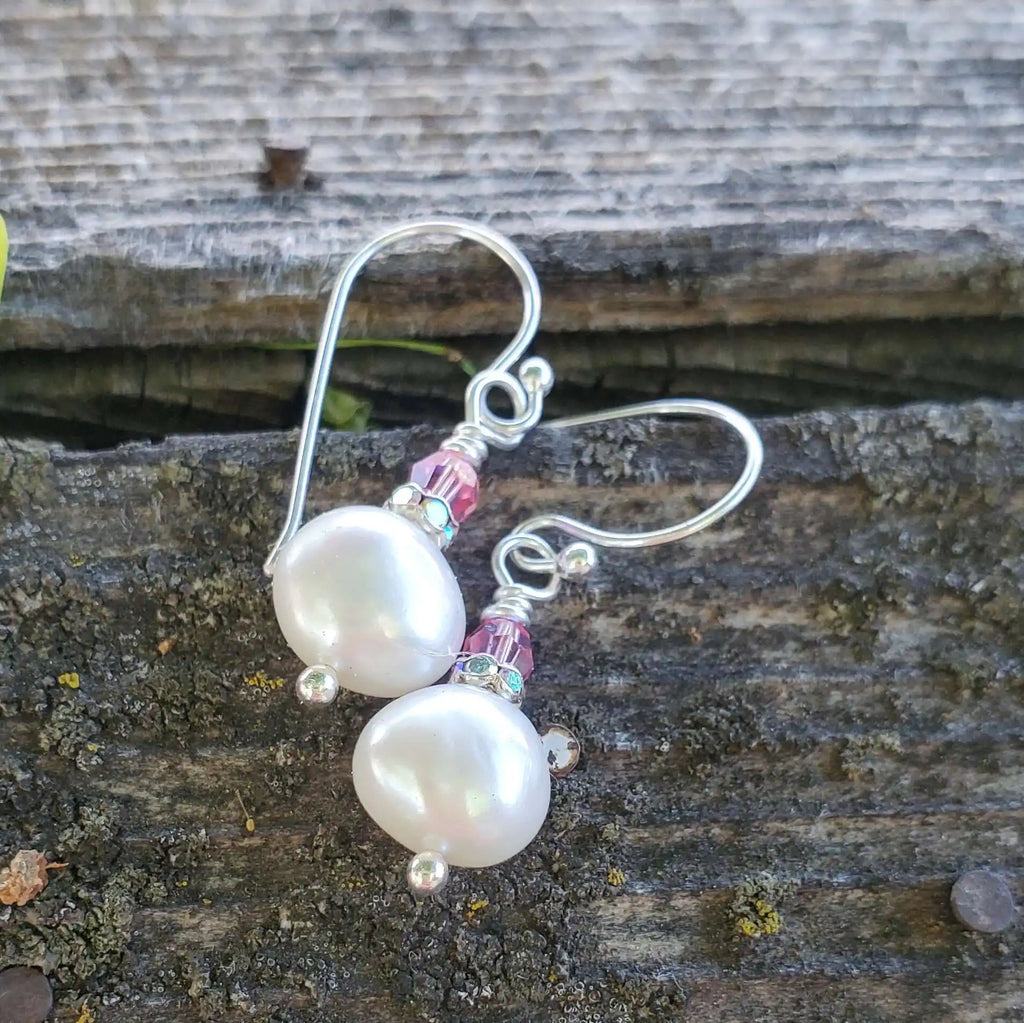 10mm Freshwater Baroque Pearl Sterling Silver Crystal Dangle Earrings-1