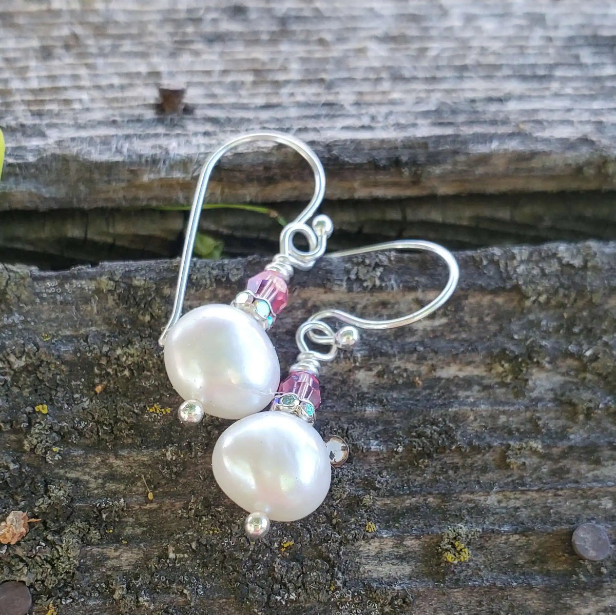 10mm Freshwater Baroque Pearl Sterling Silver Crystal Dangle Earrings-1