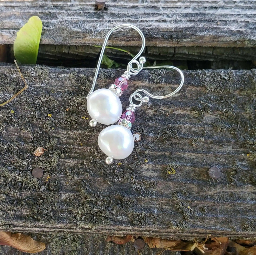 10mm Freshwater Baroque Pearl Sterling Silver Crystal Dangle Earrings-3