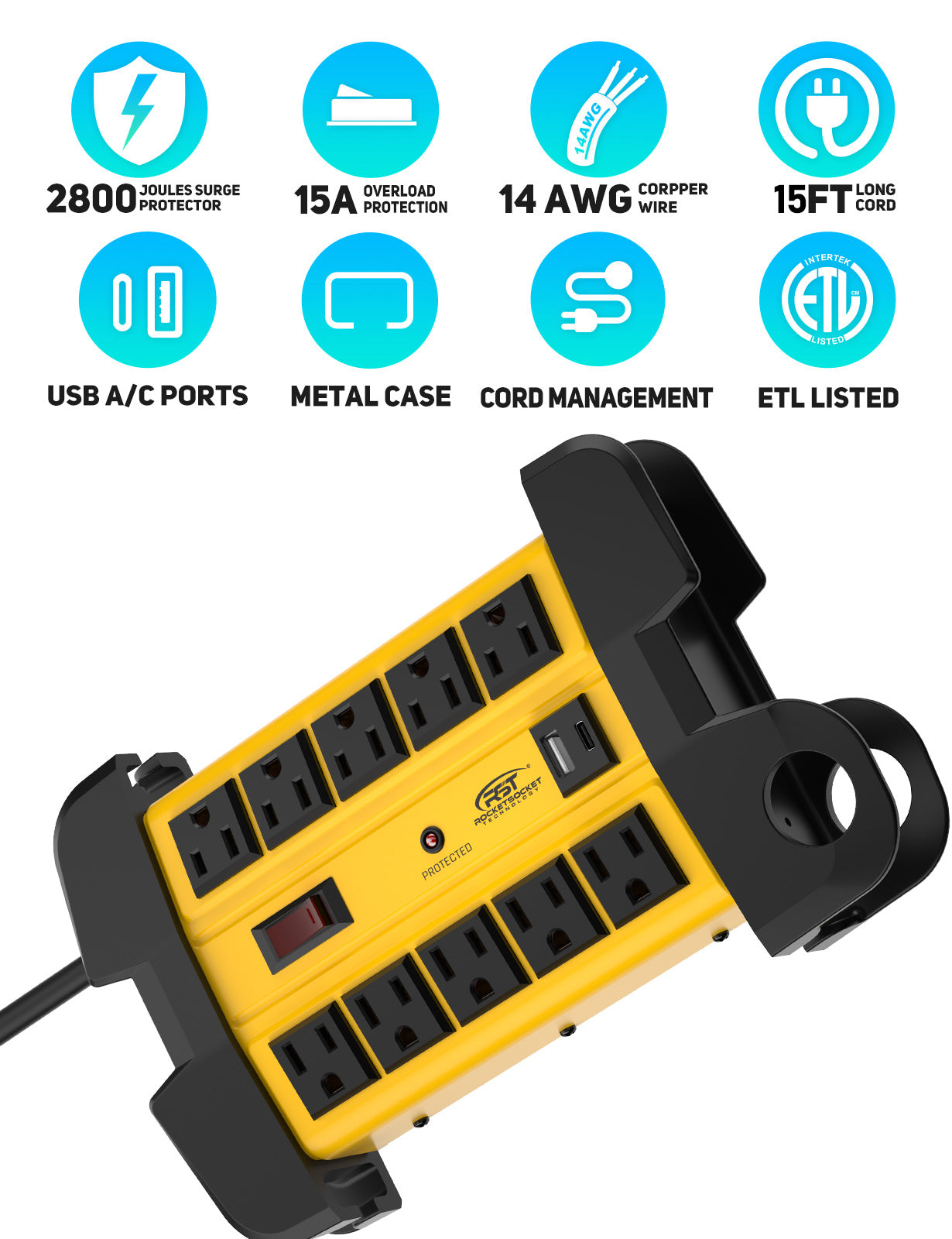 Heavy-duty 10-outlet metal power strip with USB ports cord wrap end caps and mounting holes — view 2