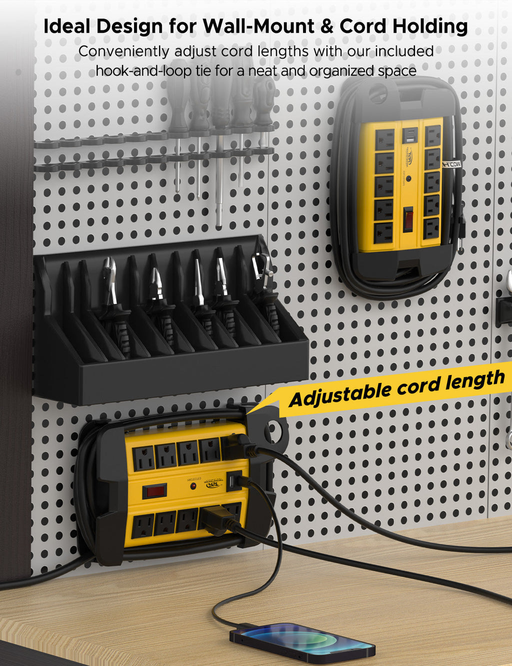 Heavy-duty 10-outlet metal power strip with USB ports cord wrap end caps and mounting holes — view 3