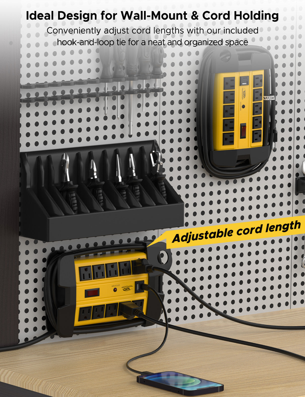 Heavy-duty 10-outlet metal power strip with USB ports cord wrap end caps and mounting holes — view 3