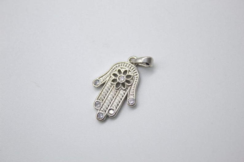 Dainty 18K gold-filled Hamsa hand pendant charm featuring intricate metallic details and rhodium accents — view 5