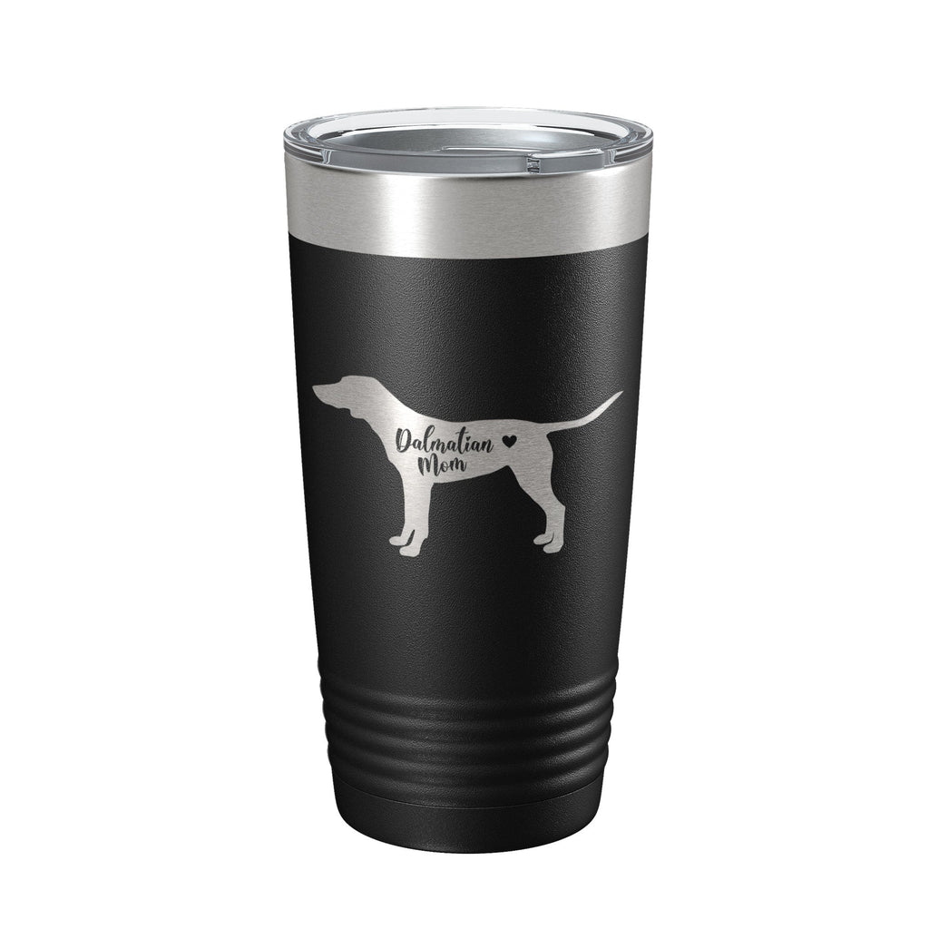Black 20oz insulated stainless steel Dalmatian mom tumbler with clear lid and laser engraved design