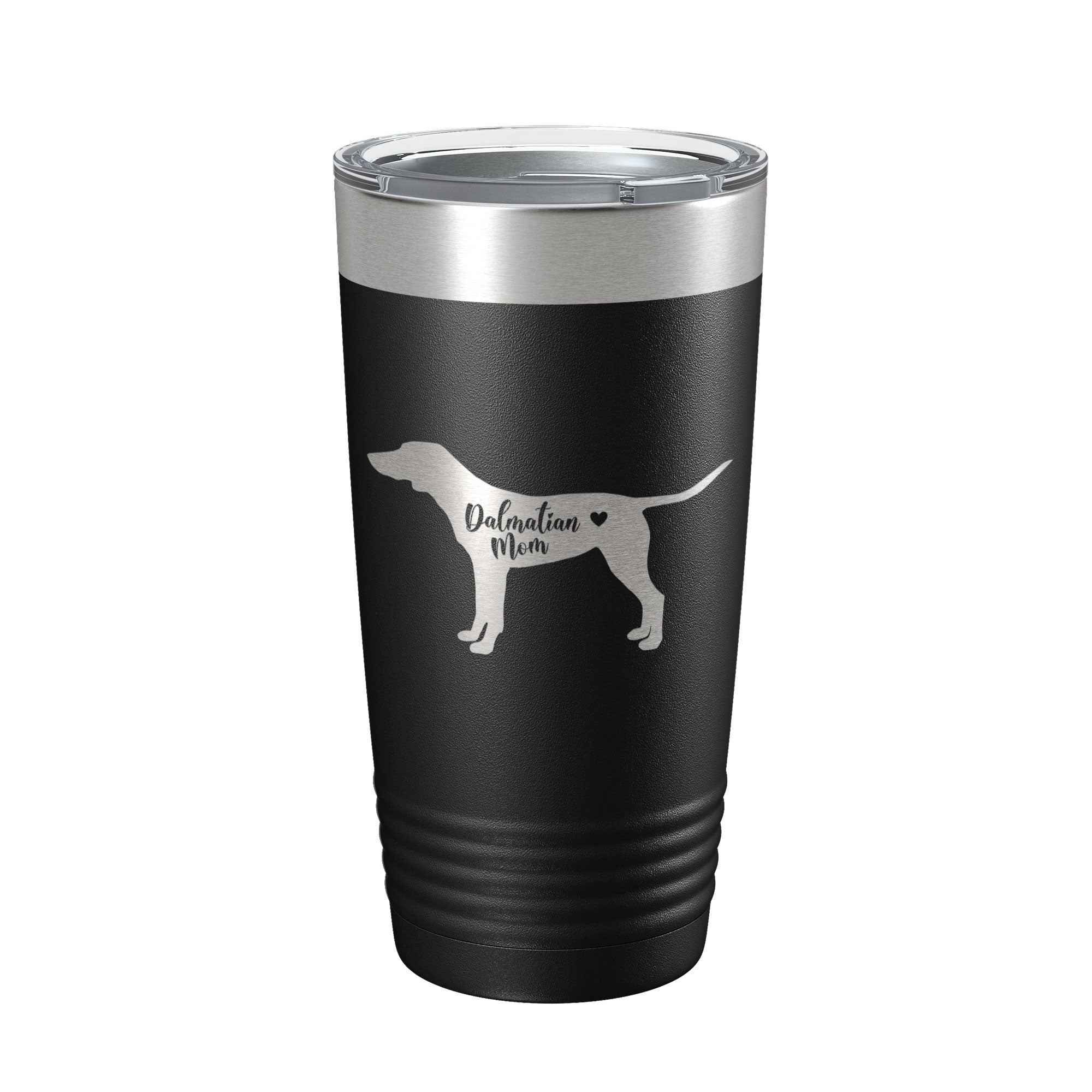 Black 20oz insulated stainless steel Dalmatian mom tumbler with clear lid and laser engraved design