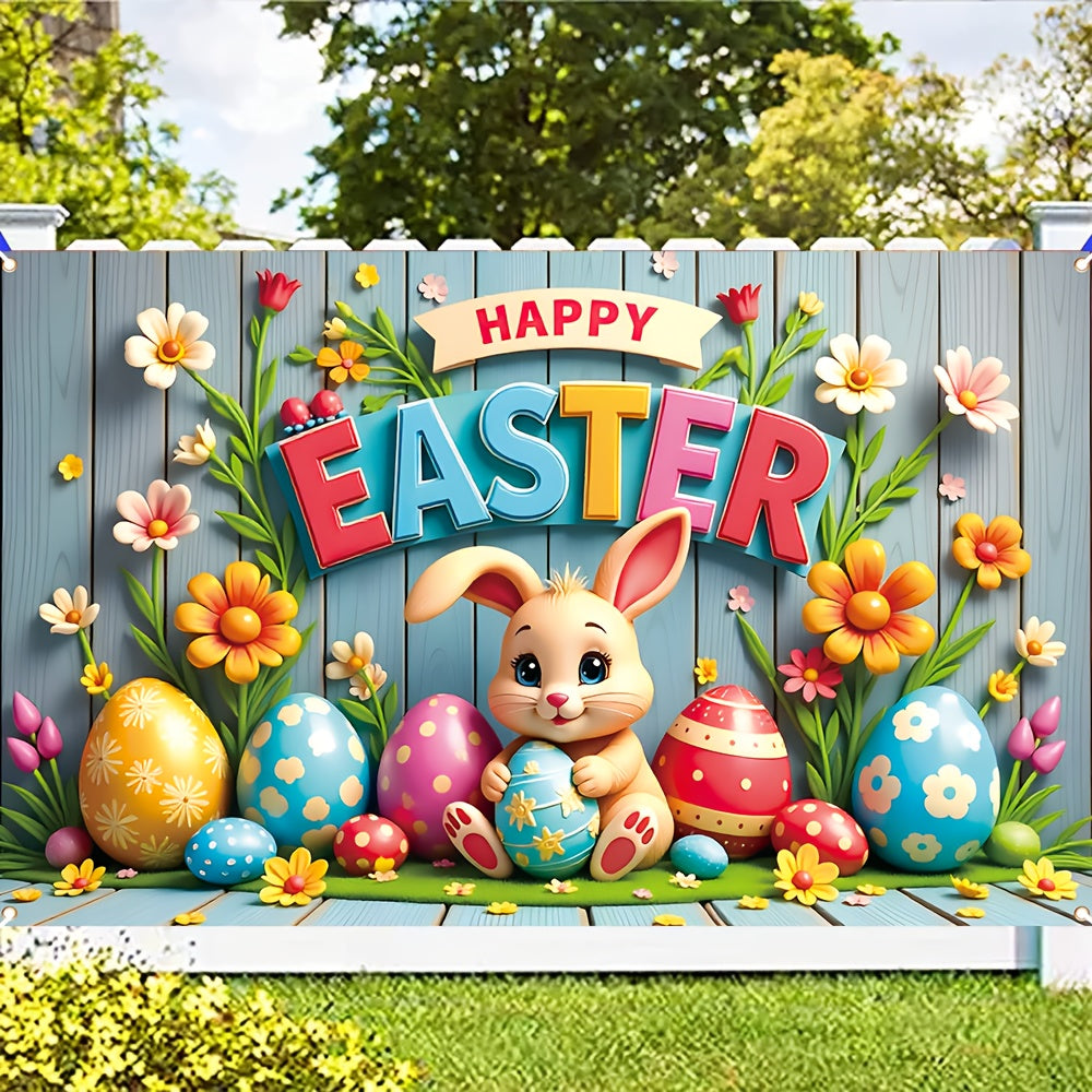Large colorful polyester Easter bunny and eggs decorative banner for indoor and outdoor spring celebrations — view 2