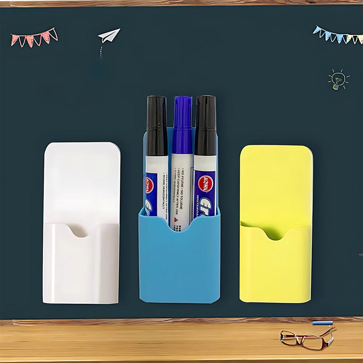 Magnetic pen holder box in durable plastic attached to a white refrigerator storing office supplies — view 5