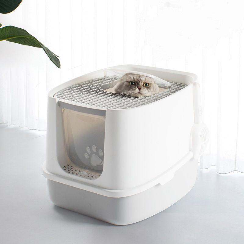 Enclosed anti-splash cat litter box in modern minimalist plastic design with high walls — view 2
