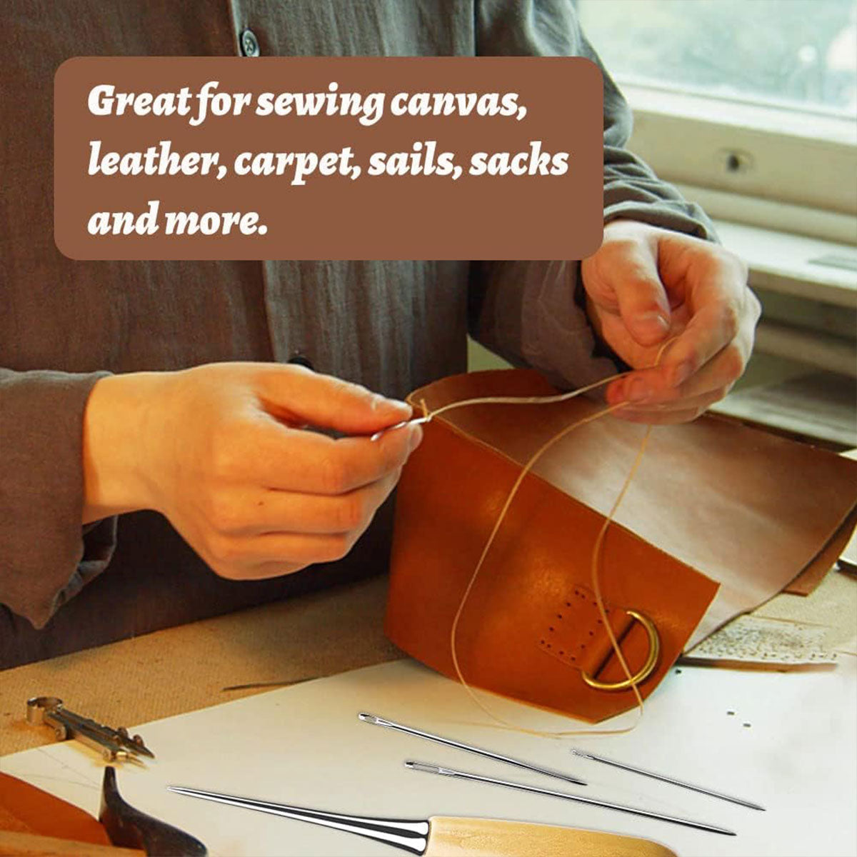 Hand sewing and leather craft kit featuring big eye needles, cotton thread spools, and wooden awls — view 4
