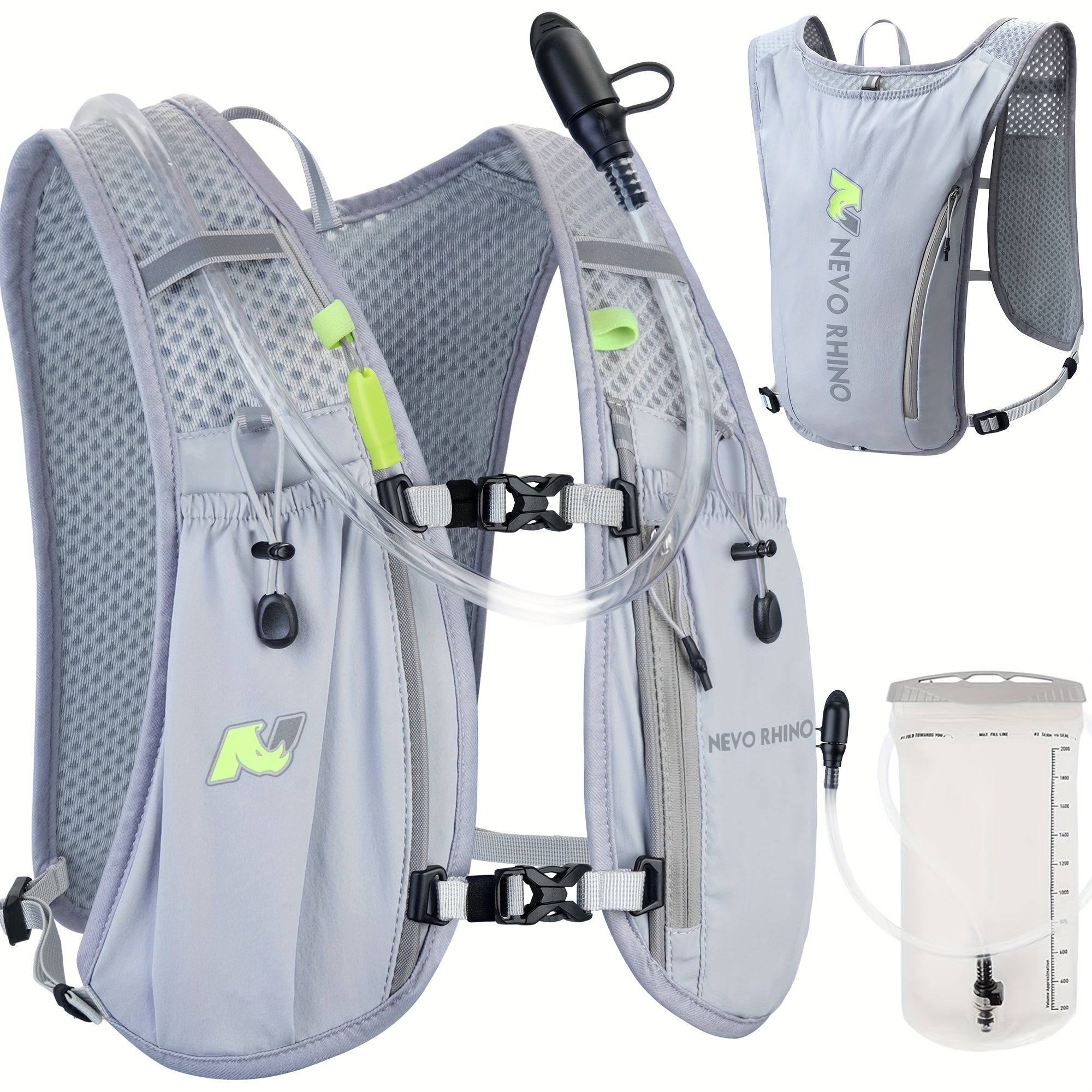 Grey 5.5L running hydration vest with 1.5L water bladder and adjustable universal fit