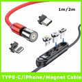 Magnetic braided charging cable with detachable USB-C, iOS, and Micro connectors on white background