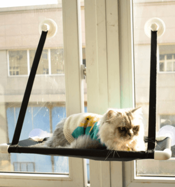Window sill cat hammock in neutral coral velvet mounted to a glass window with suction cups — view 2