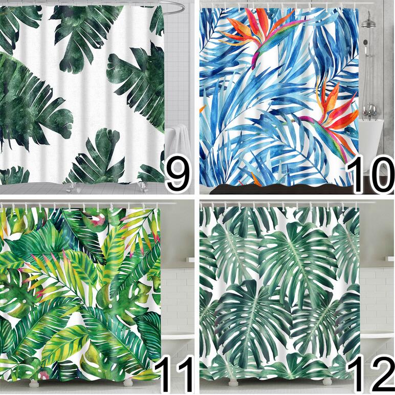 Waterproof tropical plant fabric shower curtain with rust-proof metal hooks for bathroom decor — view 3