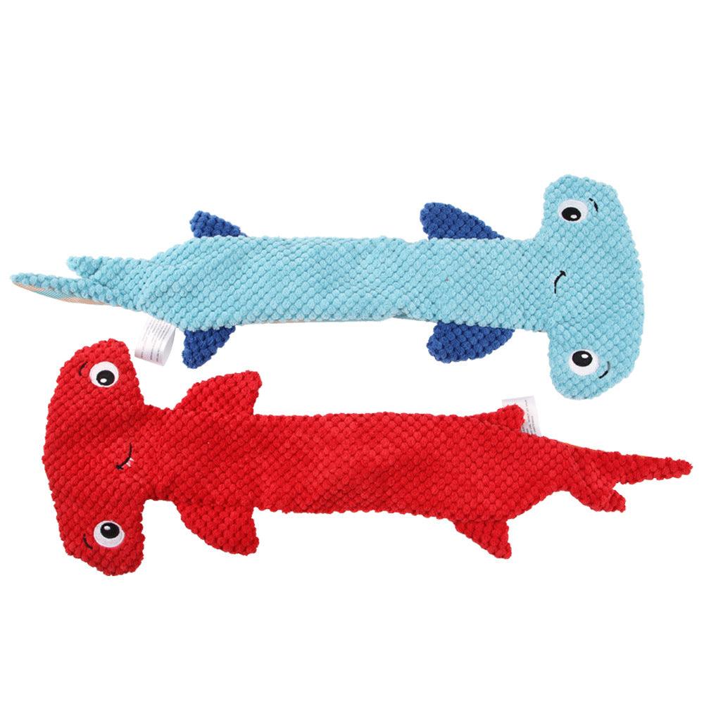 Red and blue hammerhead shark squeaky dog toy made of durable polyester cloth. — view 2