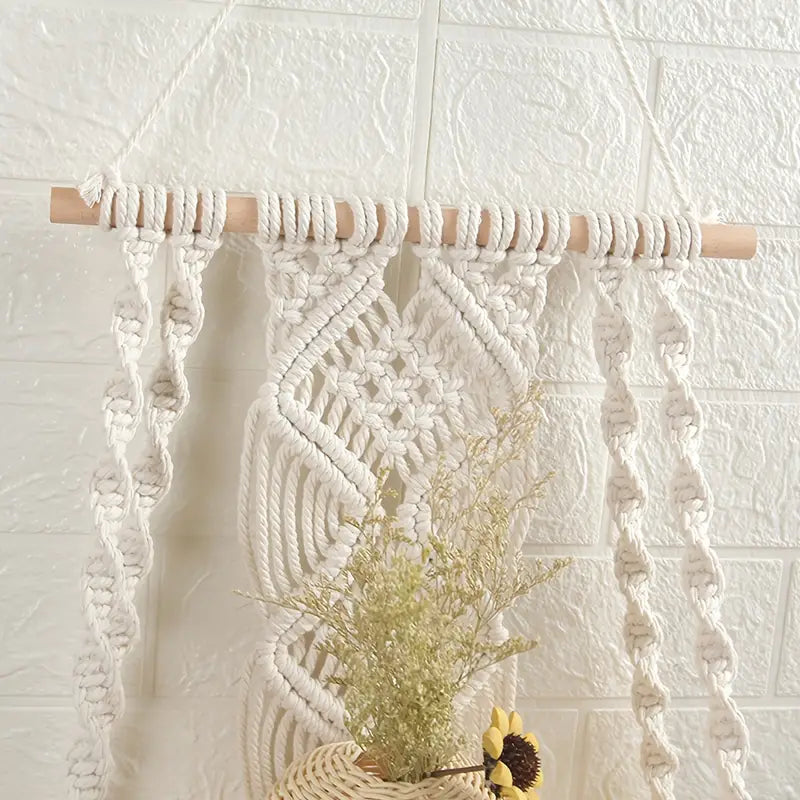 Handcrafted solid wood and woven cotton bohemian floating wall shelf with mounting hardware — view 4