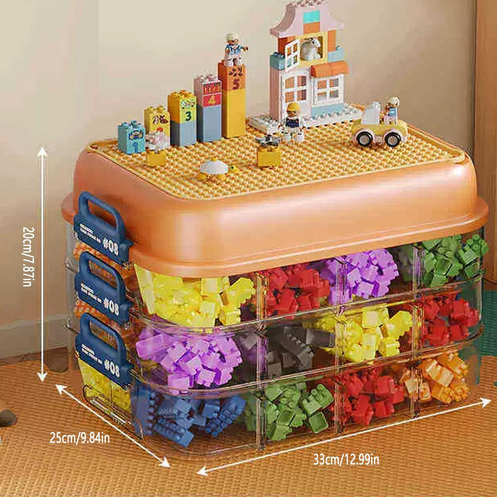 3-layer stackable toy storage box with adjustable sorting trays for building blocks and small parts — view 3