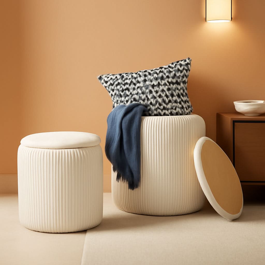 White velvet storage ottoman vanity set with reversible wooden coffee table lid and nesting design