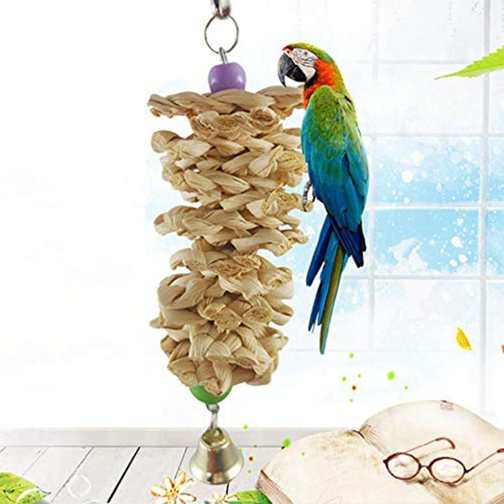 Natural grass bird parrot toy with bell attached to a metal hanging hook for wire cages — view 3