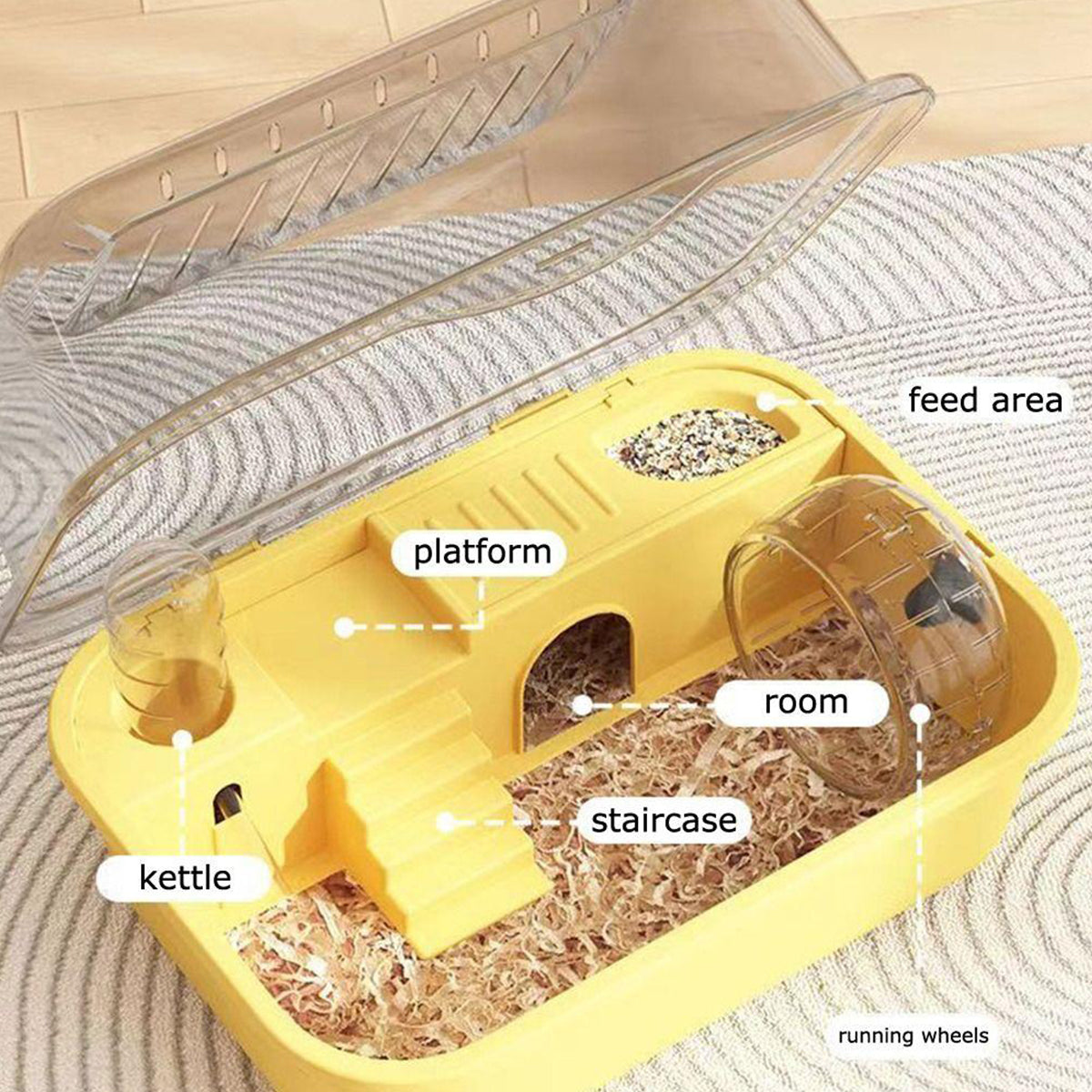 Double level hamster cage in clear acrylic and durable plastic with exercise wheel and feeding area — view 4
