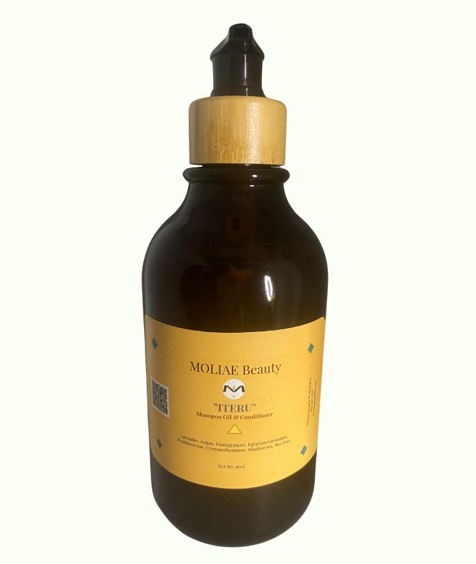 Ultimate Iteru hair care set in stylish amber bottles with bamboo nozzles, scalp scrub, and conditioner — view 5