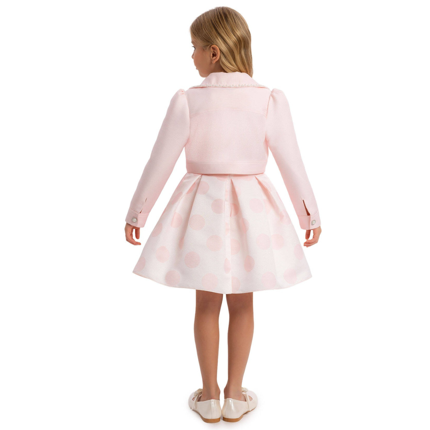 Sweet Serenity formal girls dress and matching pearl embroidered bolero jacket in elegant jacquard fabric — view 2