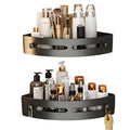 Black plastic no-drill adhesive corner shower caddy wall-mounted in a modern bathroom