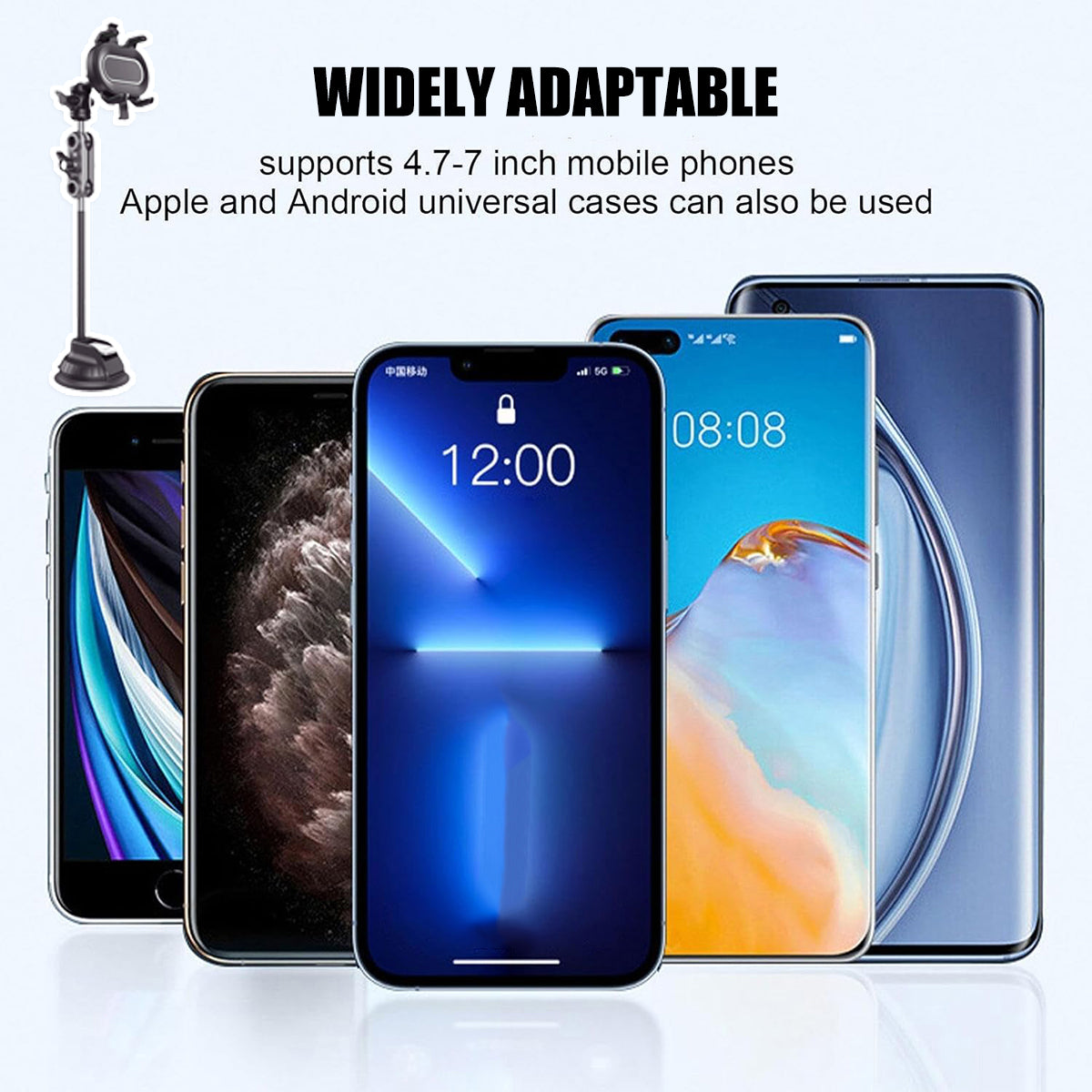 Black adjustable car phone holder with suction cup base and telescopic arm for secure dashboard mounting — view 5
