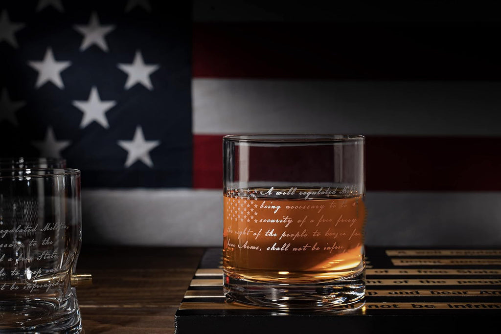 Four 11oz bullet embedded whiskey glasses on an engraved mahogany American flag wooden tray — view 2