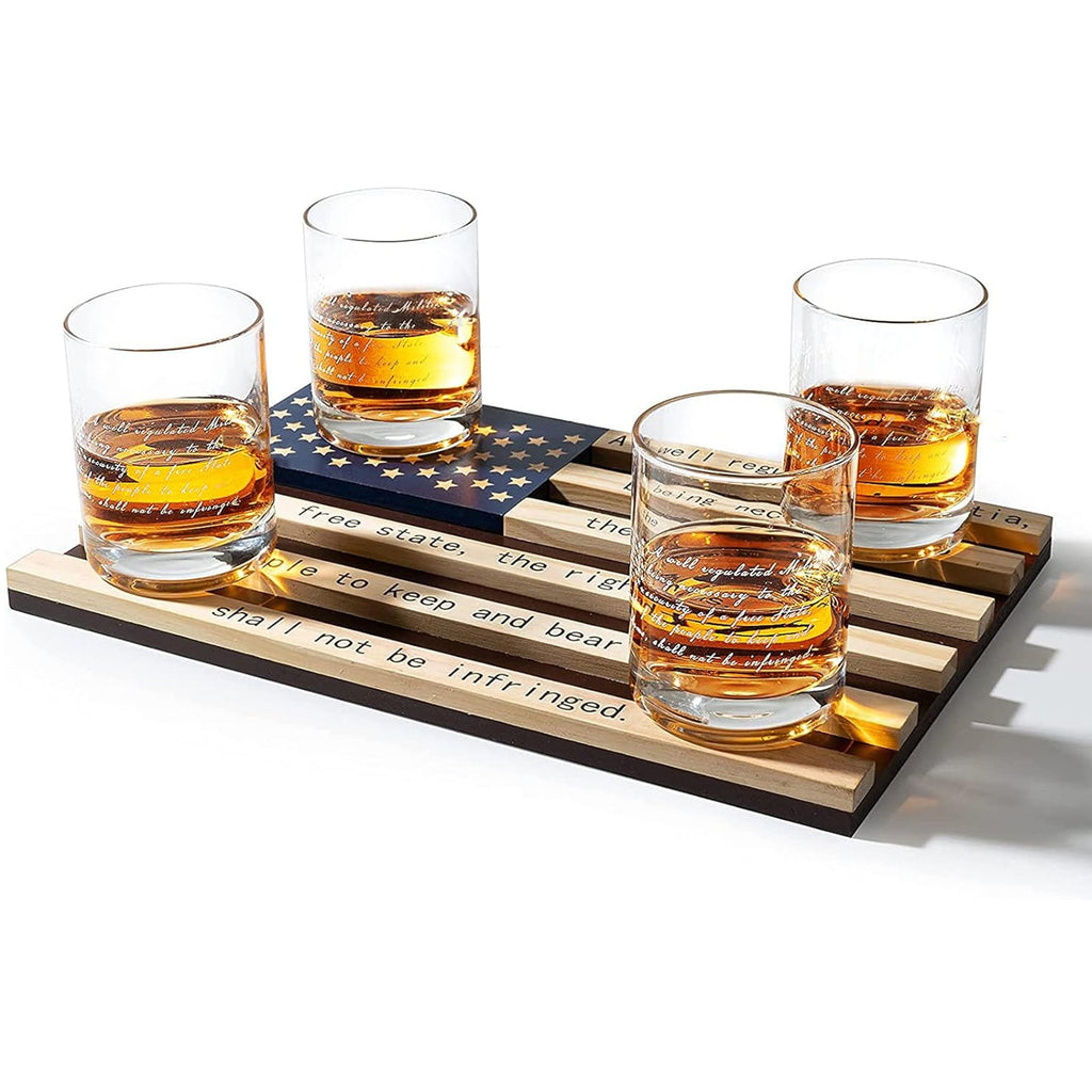 Four 11oz bullet embedded whiskey glasses on an engraved mahogany American flag wooden tray