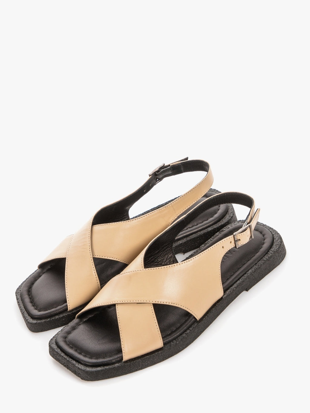 Women's beige genuine leather sandals with minimalist design and durable flat synthetic sole — view 2