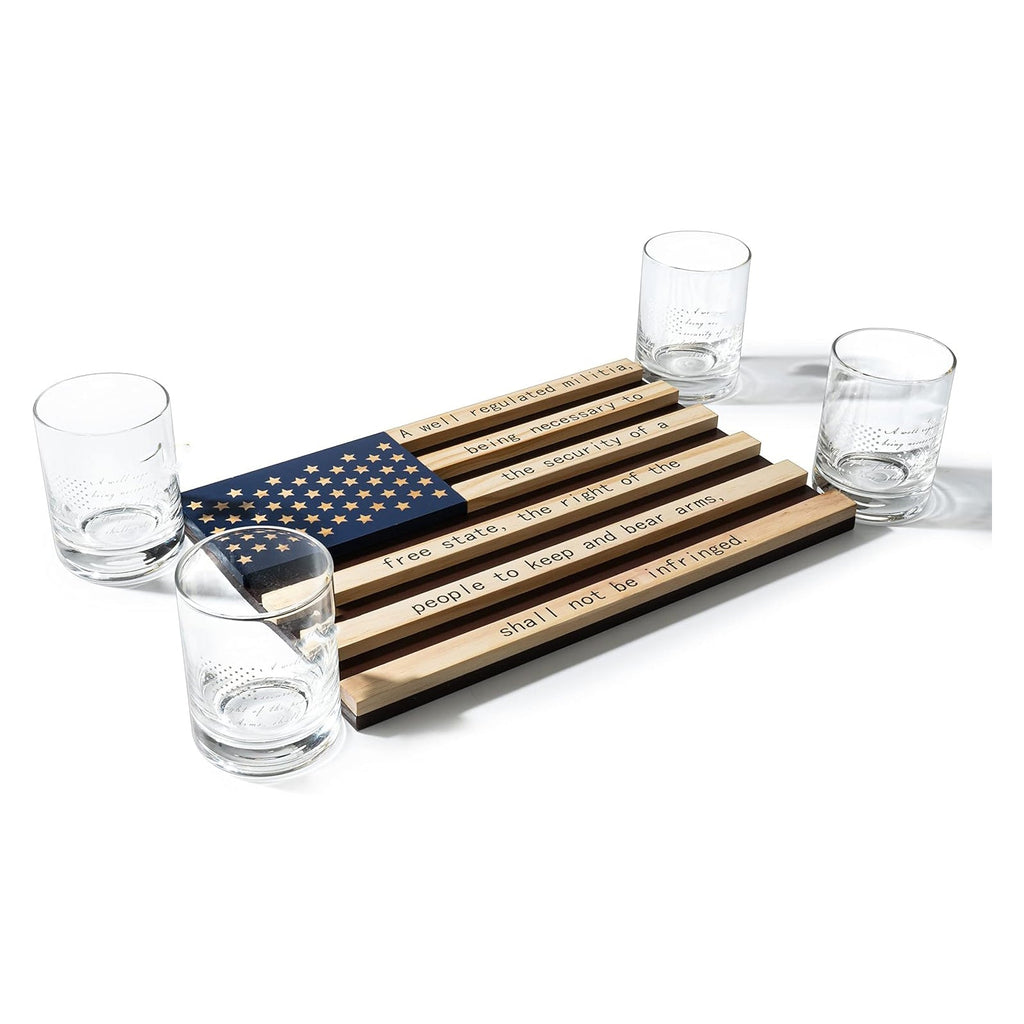 Four 11oz bullet embedded whiskey glasses on an engraved mahogany American flag wooden tray — view 5