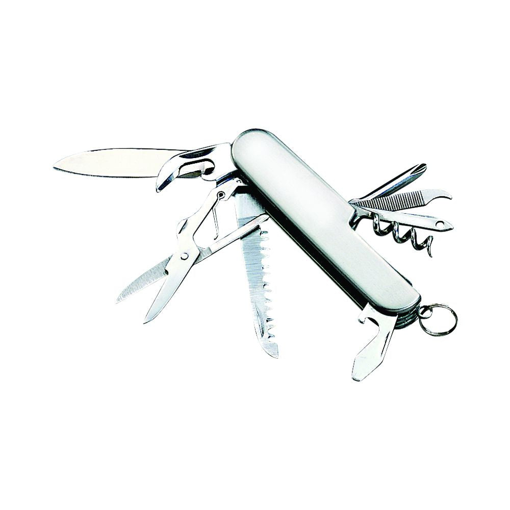 Folding 9-tool pocket knife in brushed stainless steel, displayed with its sleek black gift box. — view 5