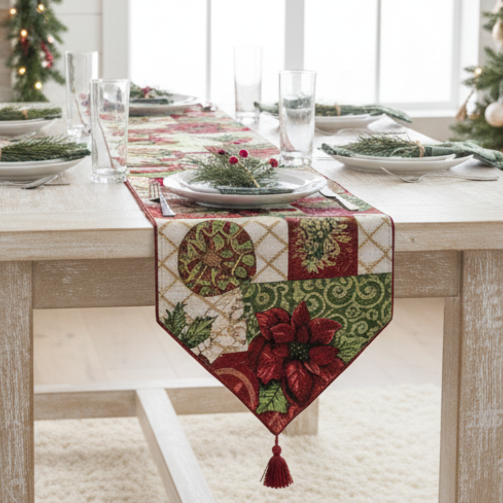 Festive cotton blend table runner featuring red poinsettias, green ornaments, and rustic pine cones.
