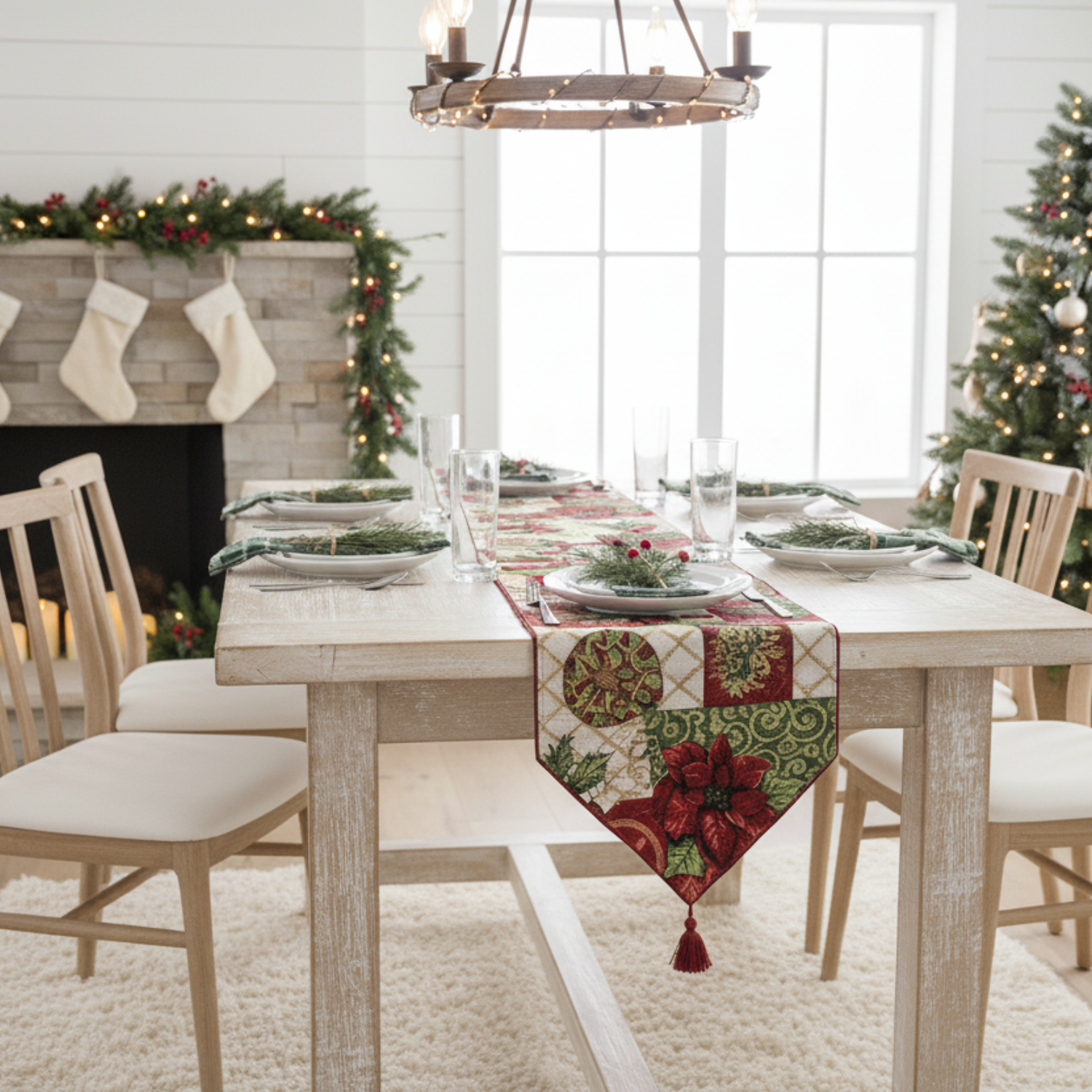 Festive cotton blend table runner featuring red poinsettias, green ornaments, and rustic pine cones. — view 4
