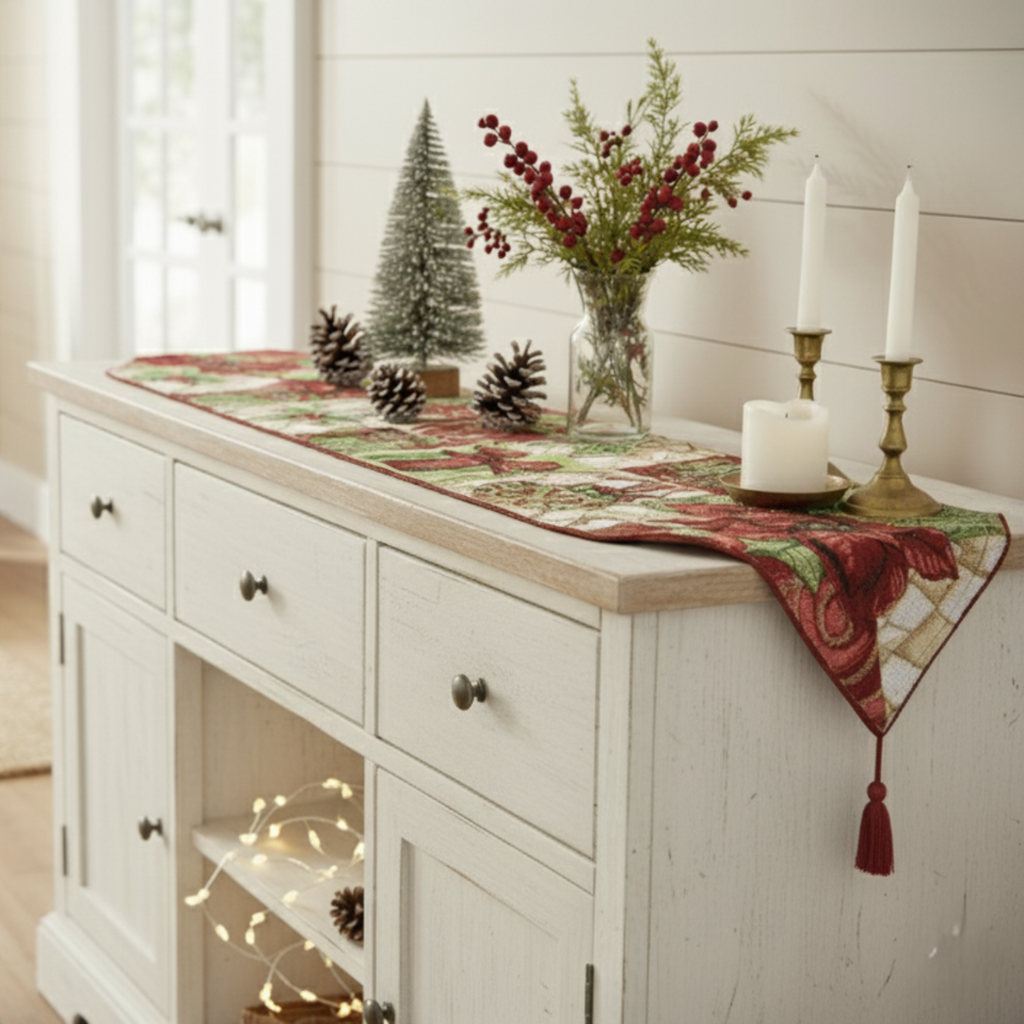 Festive cotton blend table runner featuring red poinsettias, green ornaments, and rustic pine cones. — view 5