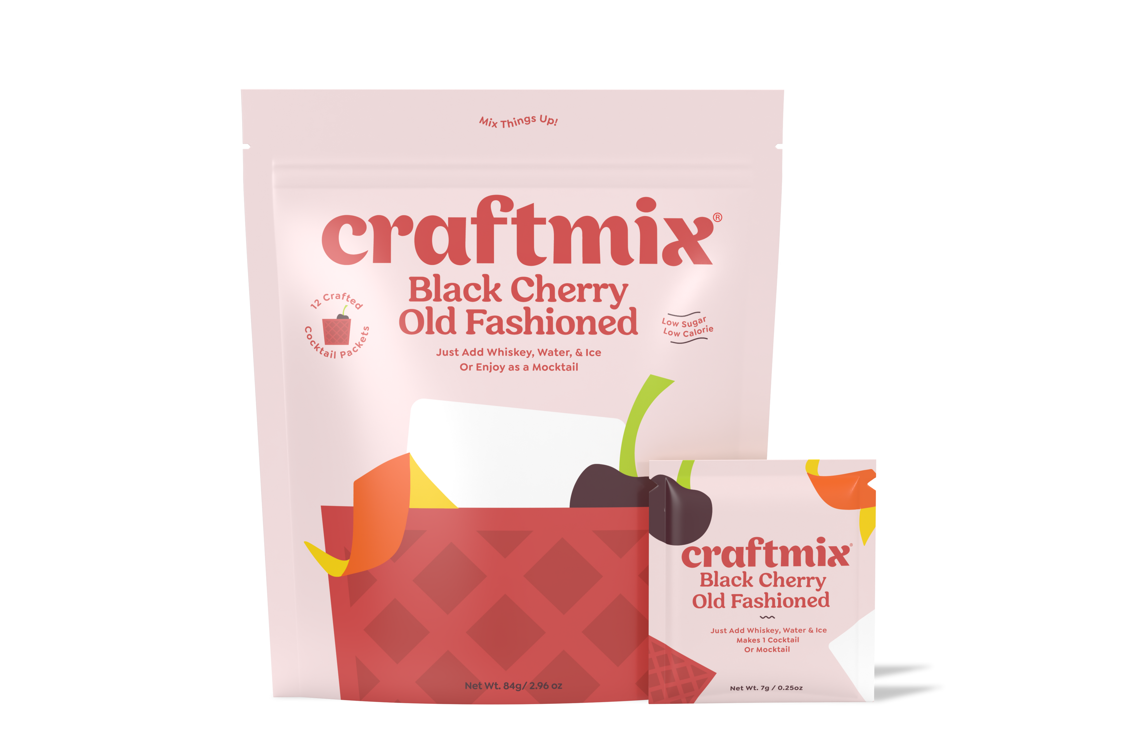 Black cherry old fashioned cocktail mix packet with a dark red drink over ice — view 4