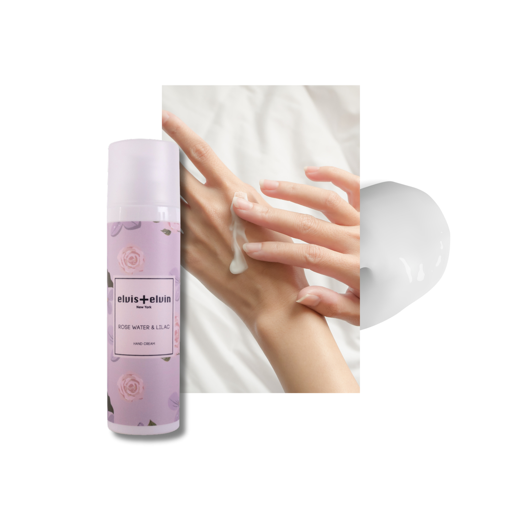 Rose water and lilac fragrance hand cream tube on a clean minimalist background — view 2