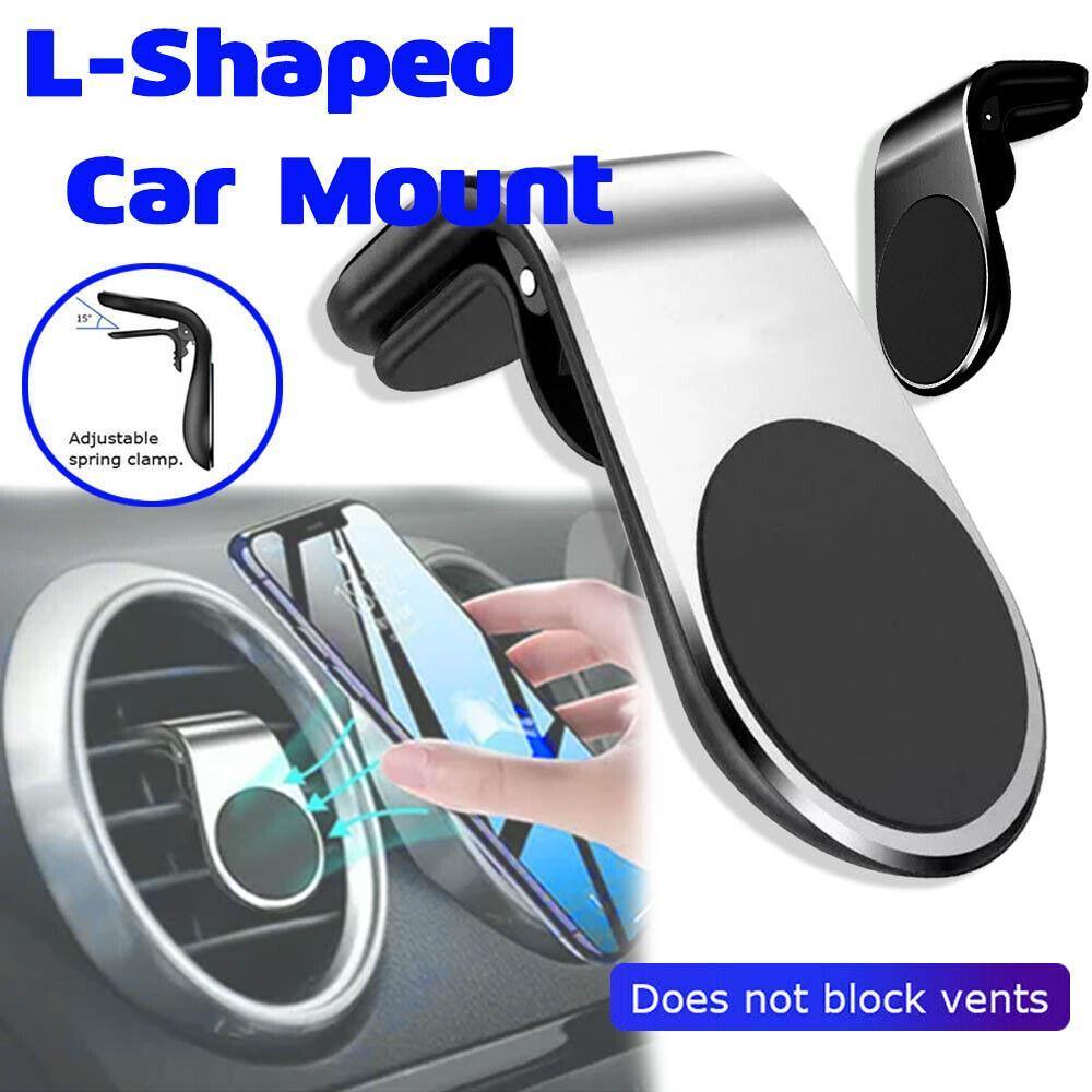 Universal magnetic car air vent phone mount in sleek aluminum holding a smartphone on dashboard