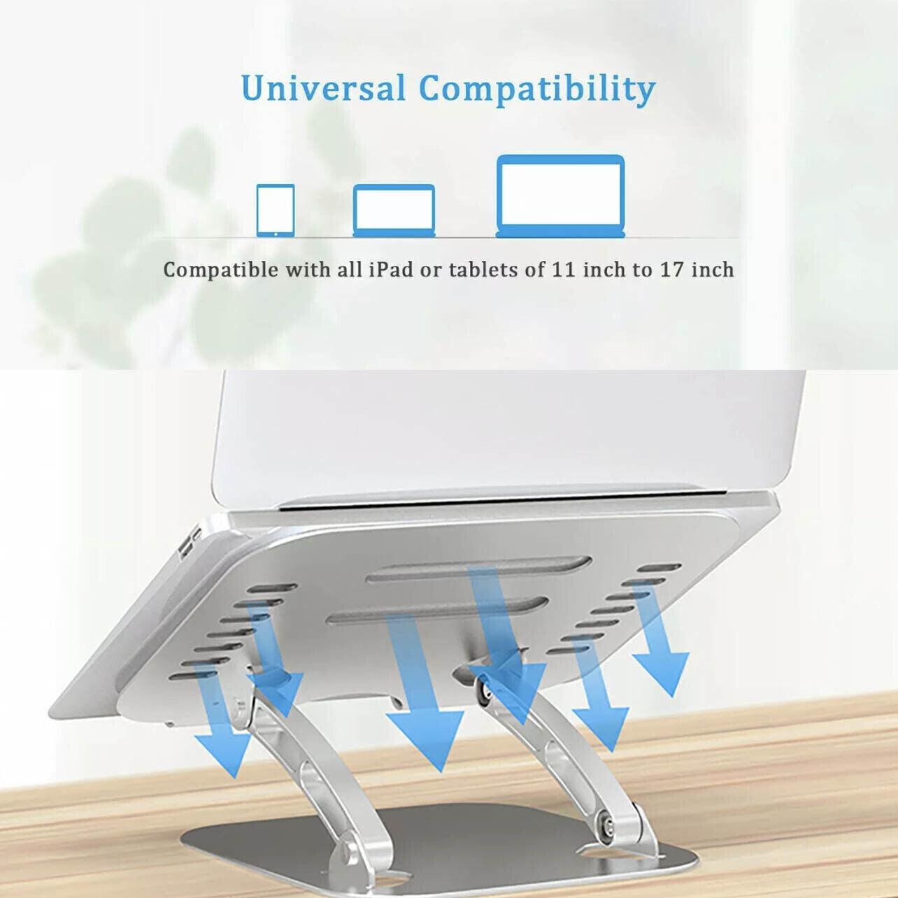 Adjustable aluminum laptop stand in silver, folded and displaying ergonomic design with silicone padding. — view 4